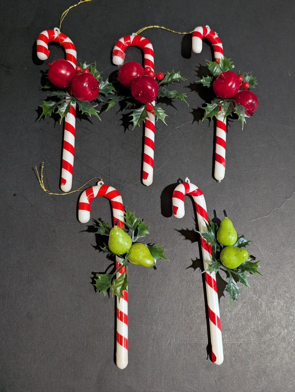 5 Blow Mold Candy Canes With Fruit Decor Christmas Tree Ornaments 6.5"